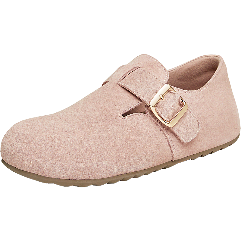TATA Retro Birkenstock-Style Women's Shoes, Deep-Mouth Cotton Shoes, Fluffy Flat Single Shoes, Pink (Full-Cover Style), Size 38