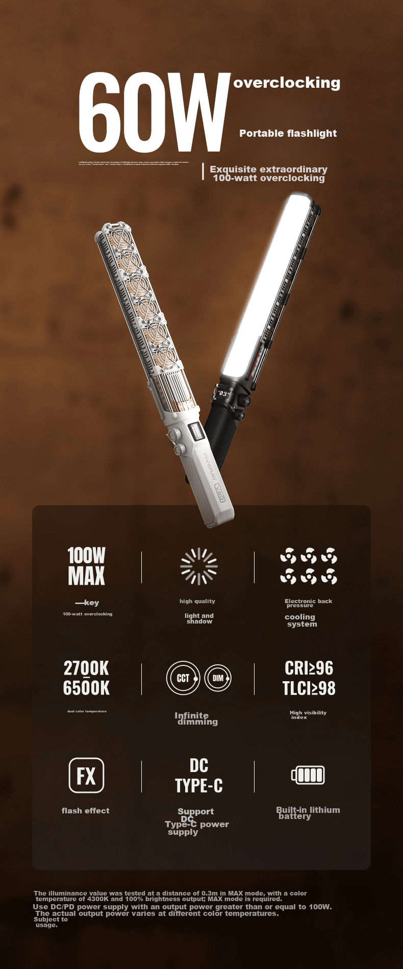 Zhiyun Five-Fold 100W Professional Fill Light Ice Light, Dual Color Temperature Double Heat Dissipation Handheld Portable Portrait Live Streaming Fill Light V60 Lightweight Black 4