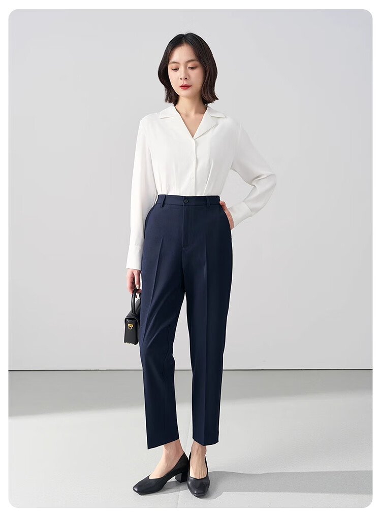 Bodexiaojie Navy Blue Suit Pants for Women, Professional Formal Wear, Interview Straight-Leg Trousers, Petite Cigarette Pants 23