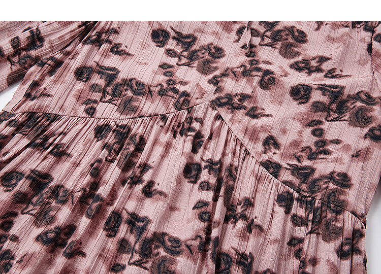 Dme [Shiguangjinghua] Autumn French V-Neck Pleated Textured Floral Print Wrinkled Elegant Loose Women's Dress 4
