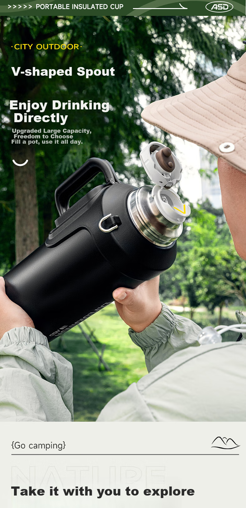 ASD Insulated Bottle, 316 Stainless Steel, Large Capacity Thermos, Car Cup, Water Bottle, Outdoor Travel Flask, Hot Water Thermos, Black 12