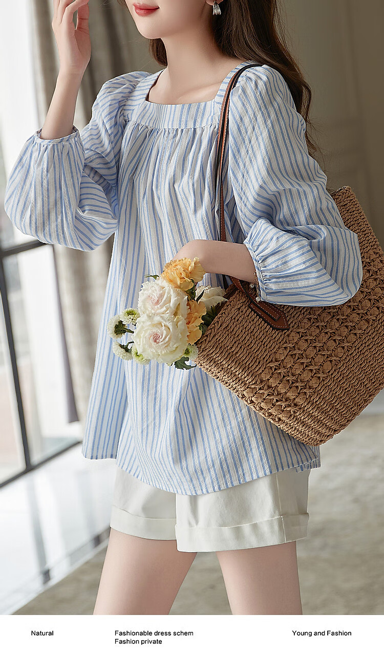Dme [Oxygen Pure Cotton] Fresh Spring And Autumn Square Collar Striped Shirt, Retro Lantern Sleeves, Slimming Blouse, Women's Top 2