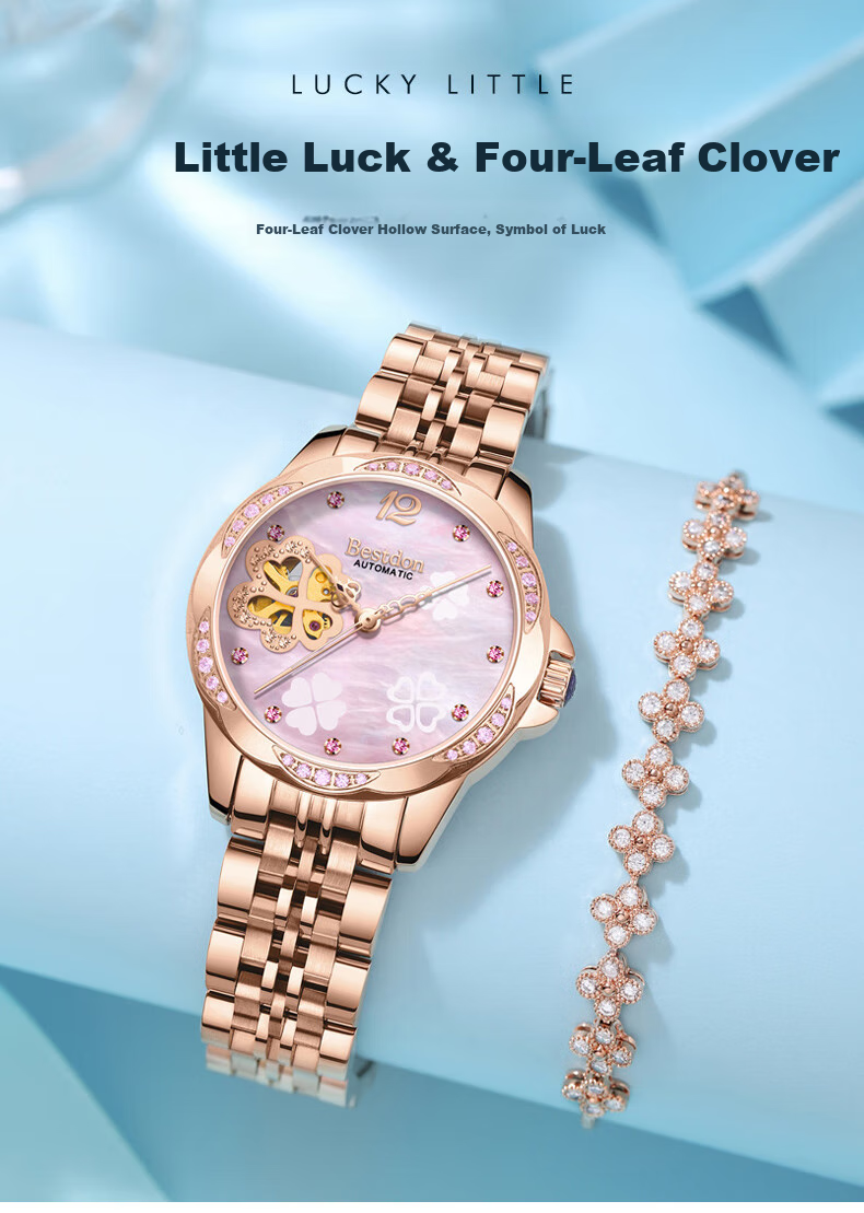 Bestdon Women's Mechanical Watch, Skeleton Four-Leaf Clover with Diamond Inlay Wristwatch Gift Box for Women, Present for Goddess 2