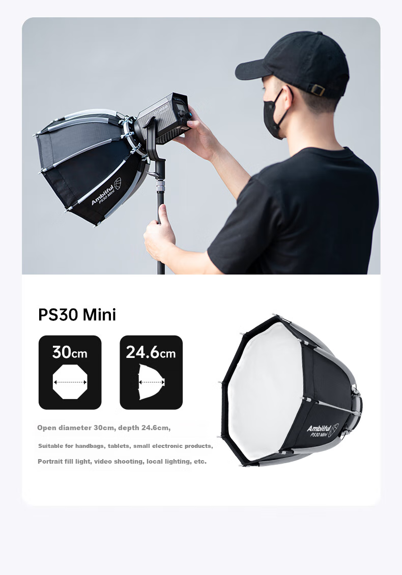 AMBITFUL PS22 Mini Octagonal Deep Softbox, Small Portable Fill Light, Suitable for Live Streaming, Nan Guang 60W Yongnuo YN150 6