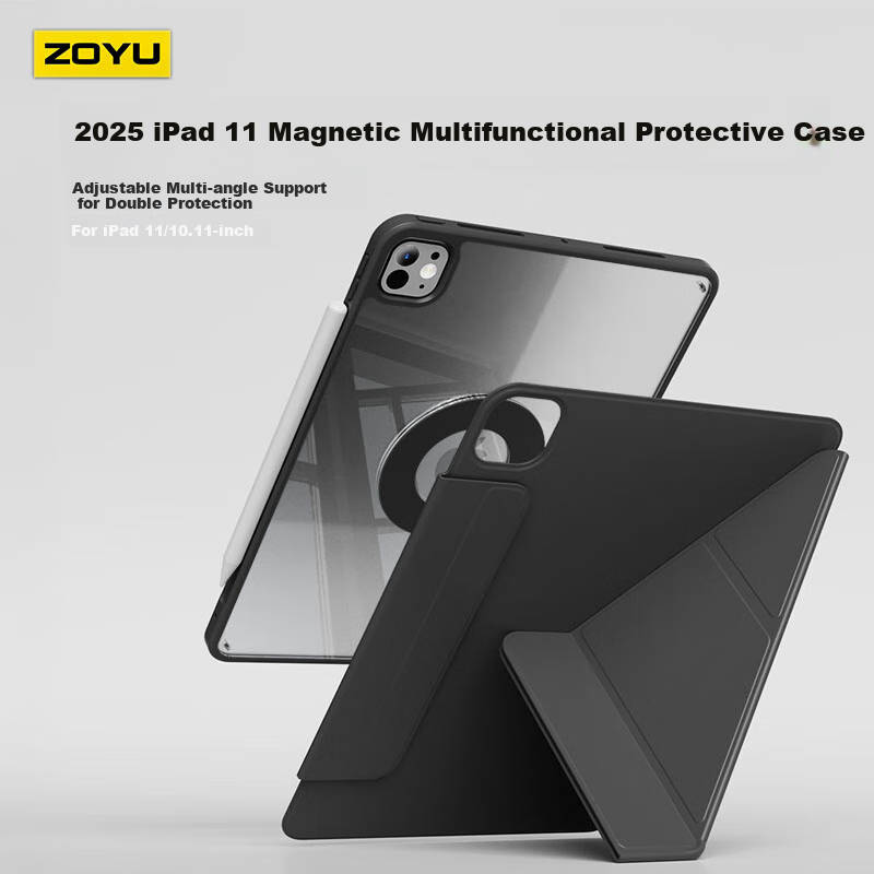 Zoyu Compatible with 2025 A16 Chip IPad11 Case, Y-Fold Double-Sided Magnetic Rotating Detachable, 11-Inch Anti-Bend Apple Tablet Protective Cover, Premium Black
