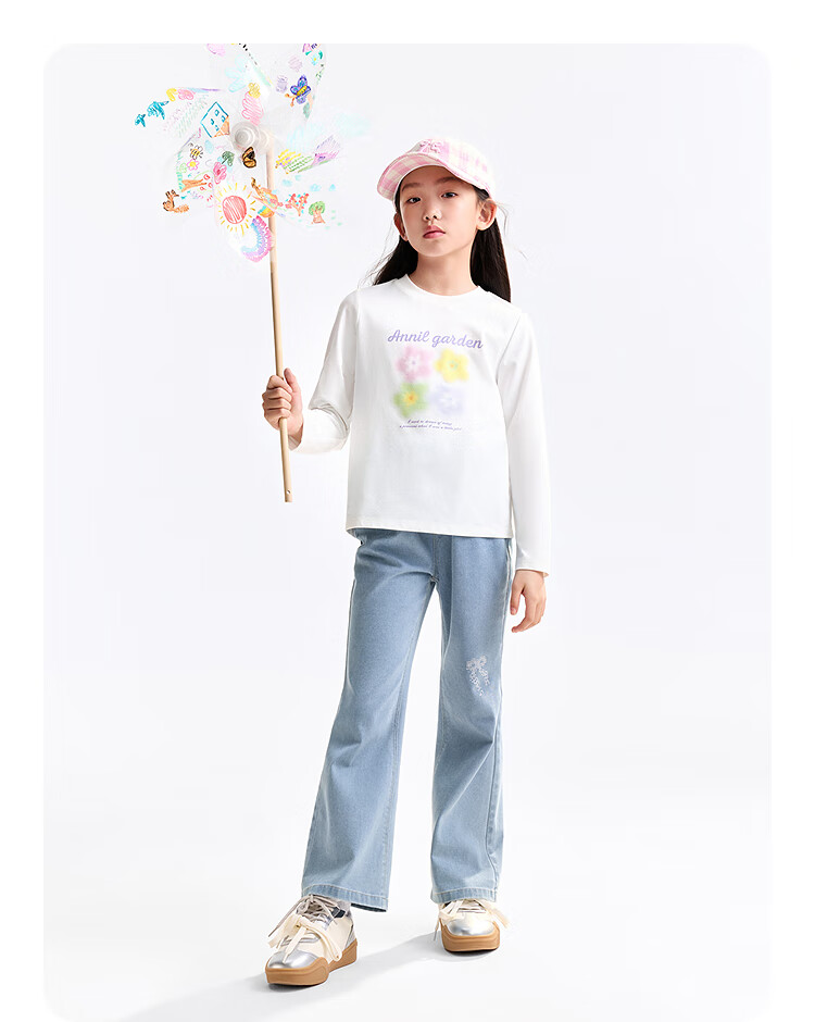 Annil Girls' Round Neck Long Sleeve T-Shirt 2025 Autumn New Pure Cotton Sports Base Shirt 5