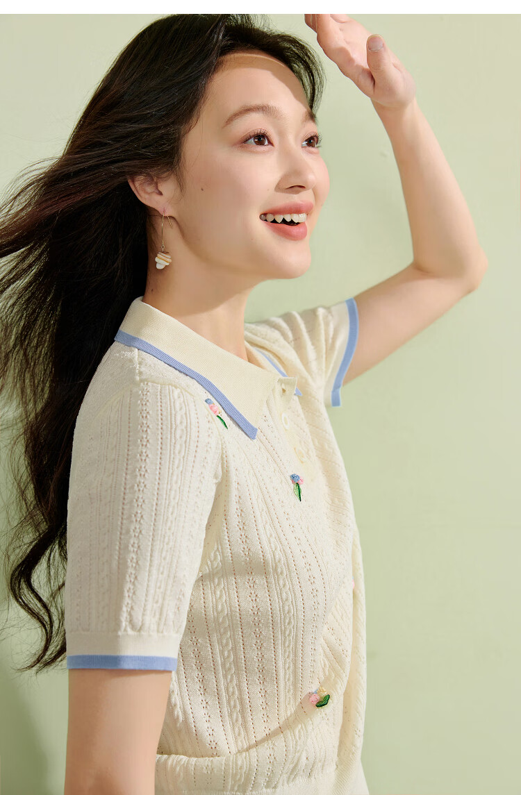 Inman French Style Hollow Out Thin Knitwear 2026 Summer New Women's 3D Flower Short Sleeve Top Cream White L 8