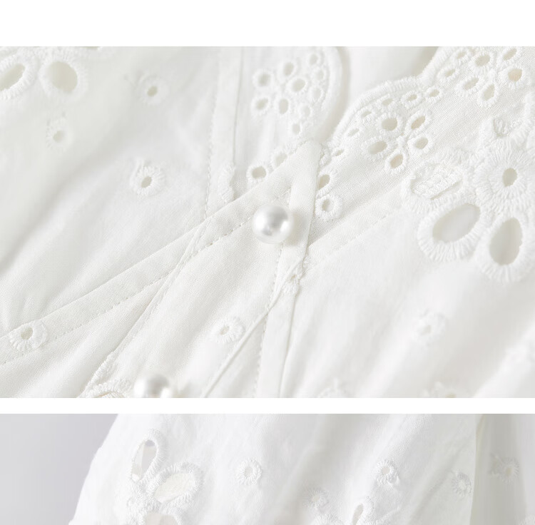 Sentubila Pure Cotton Lace V-Neck Lantern Sleeve White Dress for Women, Summer Elegant Pearl Button Embroidered A-Line Slimming Mid-Length Dress 20
