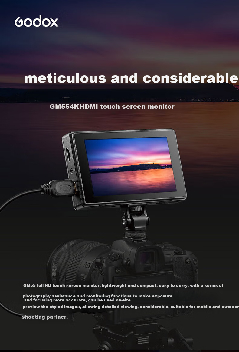 Godox GM55 Camera Monitor, Mirrorless Touchscreen, 5.5-Inch 4K High-Definition Photography External Display for DSLR Cameras 1