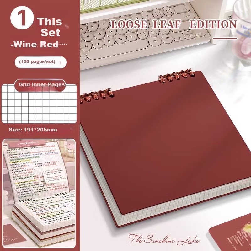Shuxing New High-Quality Retro Square Notebook Grid Flip Loose-Leaf Book Detachable for Middle And High School Students Comfortable to Hold Error Correction Research Notes Loose-Leaf Cover Wine Red