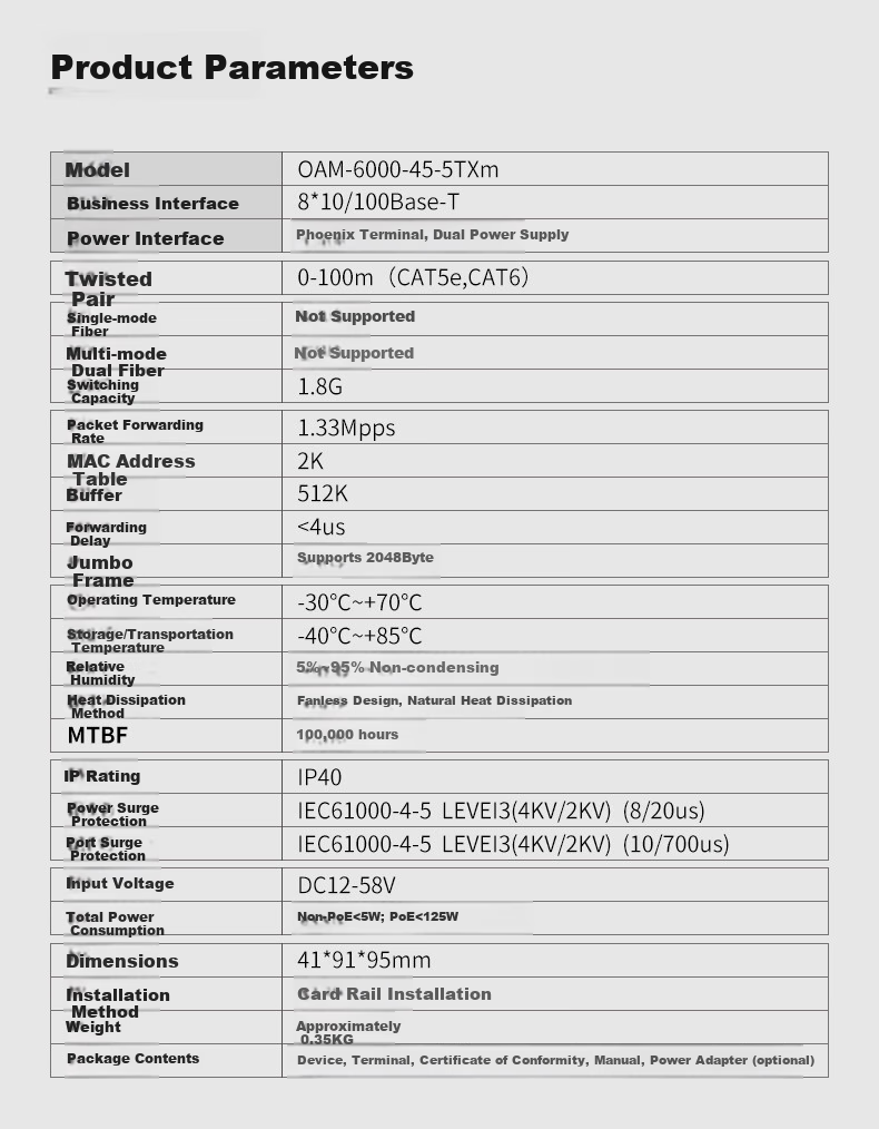 OAMLink Industrial Switch, 100Mbps, 5-Port Mini Version, Unmanaged, DIN Rail Mount, OAM-6000 10