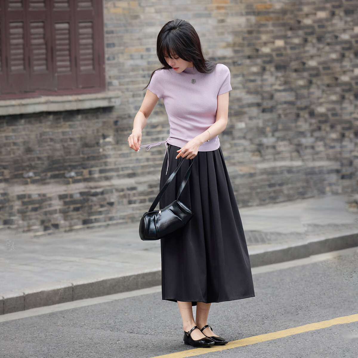 Mt [Drawn Double C Waist] Spring And Autumn Semi-High Round Neck Side Seam Drawstring Sweater Rose Metal Knit Sweater Women's Top