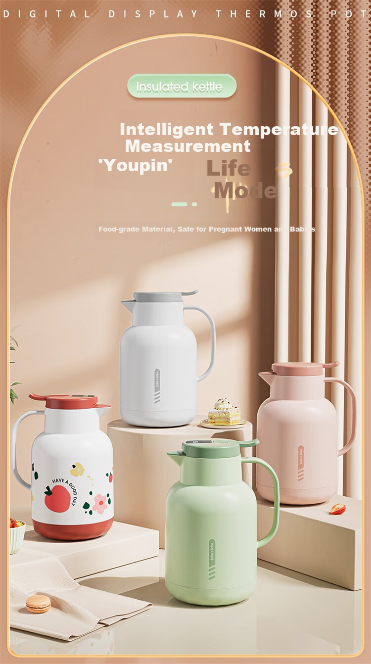 JEKO&JEKO Insulated Thermos Flask, Household Hot Water Kettle, Dormitory Student Water Bottle, Peiliken, 1.3L, Moonlight White 1