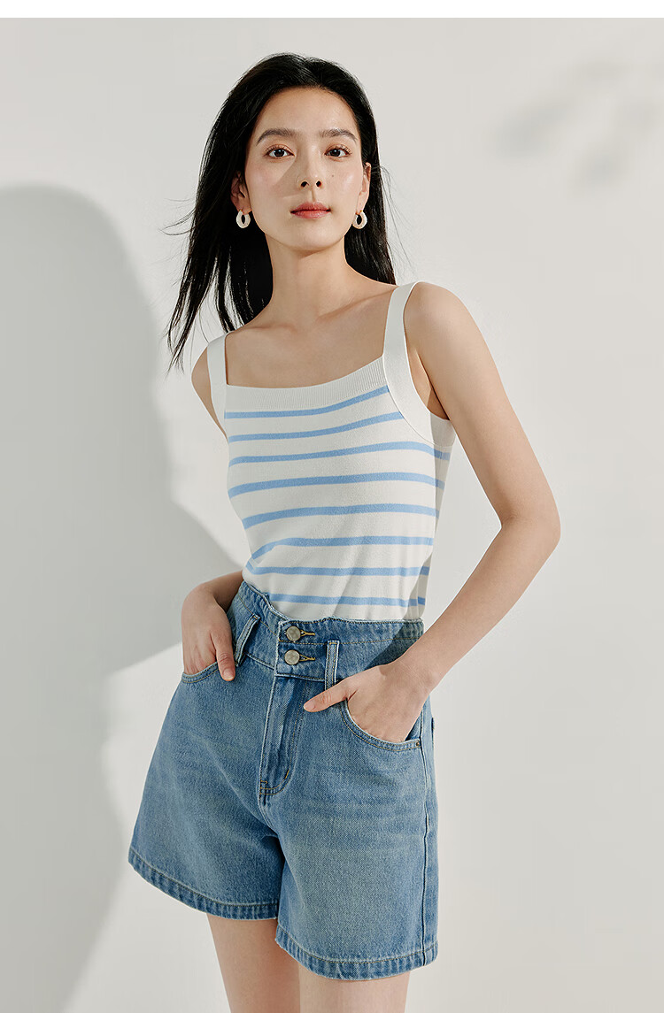 INMAN Striped Square Neck Knitted Camisole, 2026 Summer Women's New Short Fitted Top, Black, Size L 24