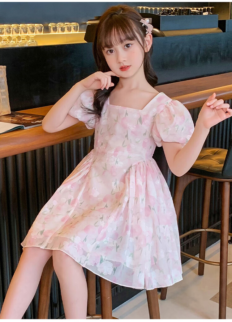 Baminuo Girls' Summer Dress, New Korean Style Children's Fashionable Thin Princess Dress for Older Kids, Pink, Size 120 8