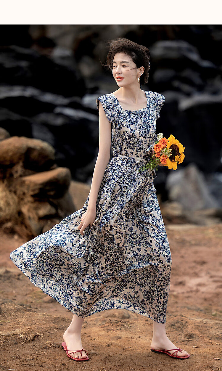 Demana [Dream Among Flowers] Summer National Style New Chinese Square Neck Tie Sleeve Waist Printed Elegant Women's Dress 15