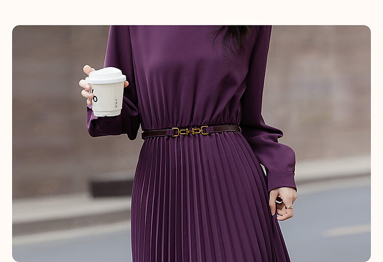 Dme [Elegant French-Style Lady] Autumn Draping Silk Elastic Waist Pleated Skirt, Ruched Belt Women's Dress 4