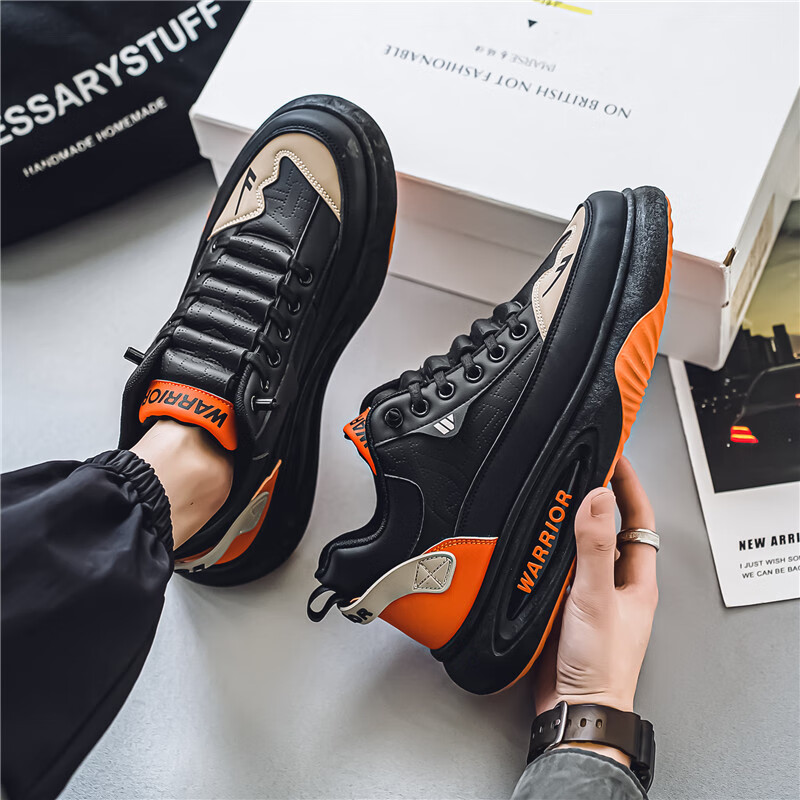 Huili Men's Casual Shoes, Thick-Soled Comfortable Autumn Sneakers, WXP-1840, Black Orange Apricot, Size 39