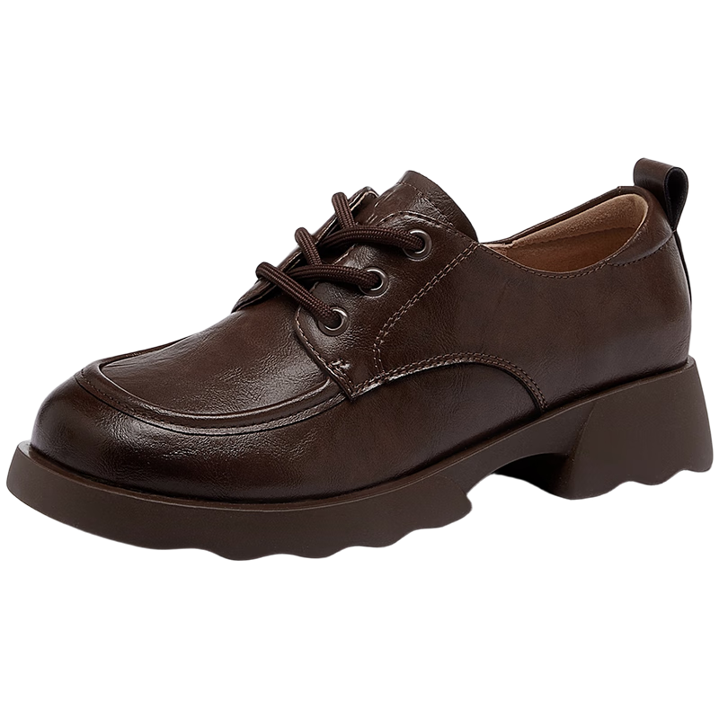 CAMEL Women's Casual Low-Cut Leather Shoes, Chunky Heel, Versatile Daily Wear, Model L25A504078, Brown, Size 38