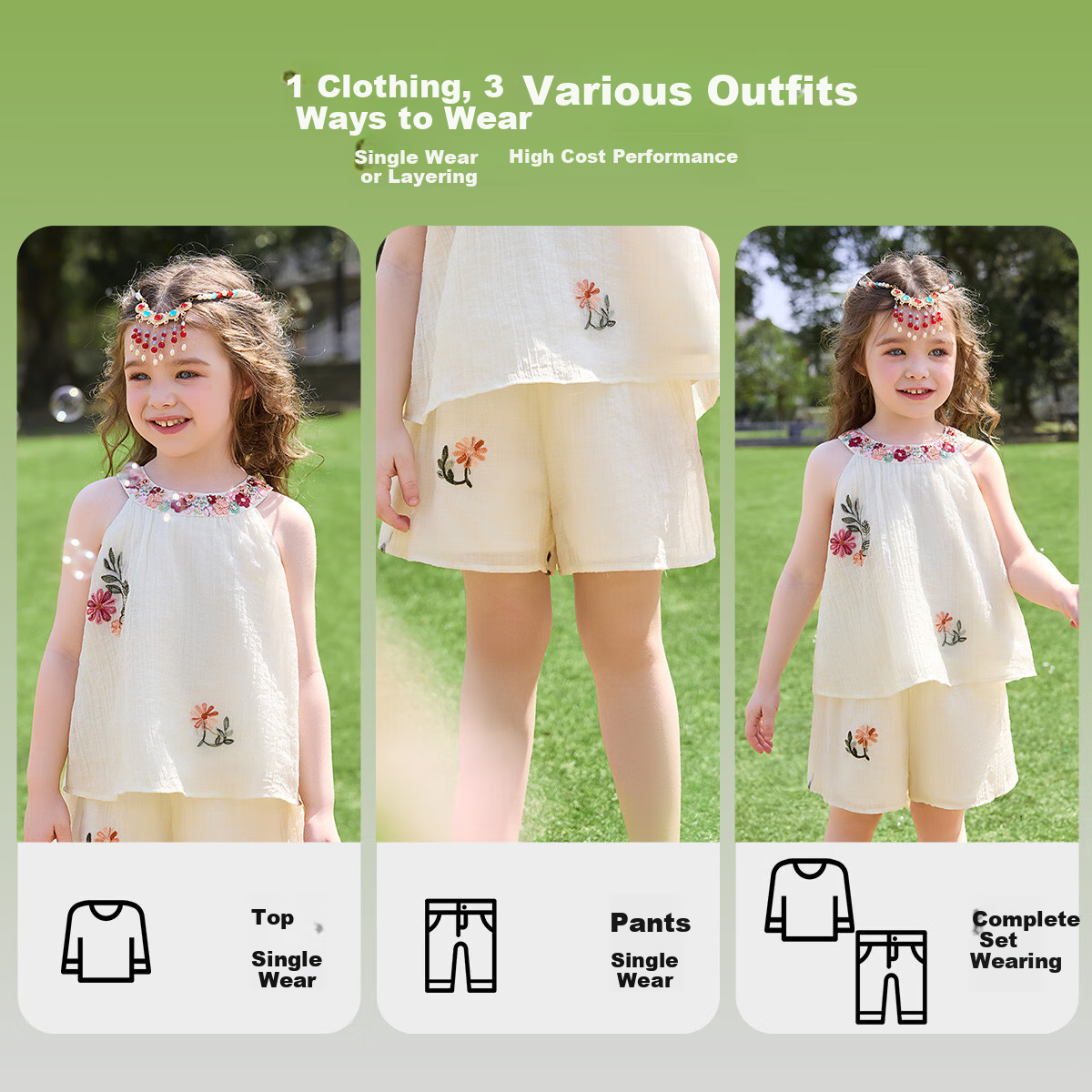 ASK JUNIOR [Children's Set] Summer Toddler Halter Top, Casual Shorts, Two-Piece Girls' Chiffon Embroidered Outfit 7