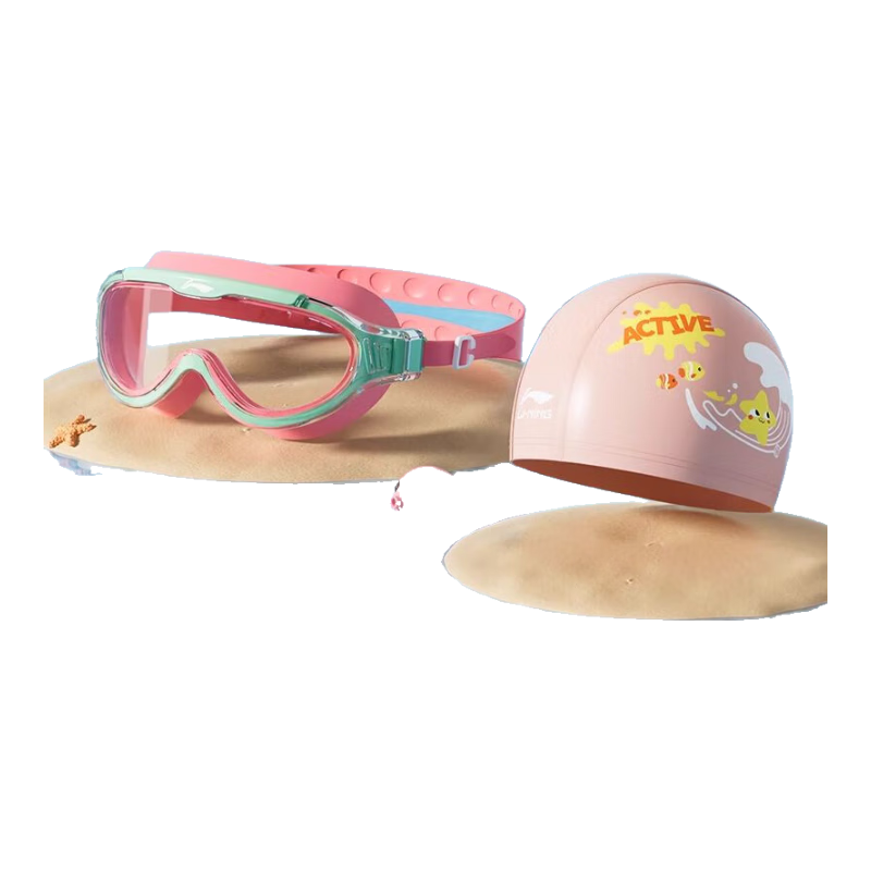 Li-Ning Children's Swimming Goggles for Boys And Girls, High Definition Anti-Fog Comfortable Waterproof Swim Glasses And Swim Cap Set - Pink