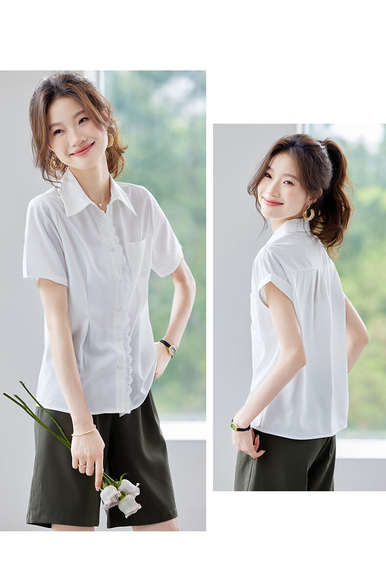 Jeanswest Women's Short Sleeve Shirt 2026 Summer Korean Style Lace Trim Lapel Waist Slimming High-End Pink M 11