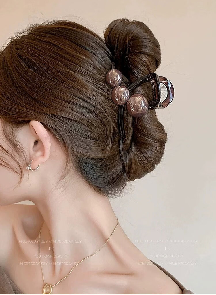 Liqing French Elegant Pearl Shark Clip Hair Claw, High-End Bun Maker, Volumizing Back of Head Hair Clip for Women, Deep Brown, Approximately 8cm 1