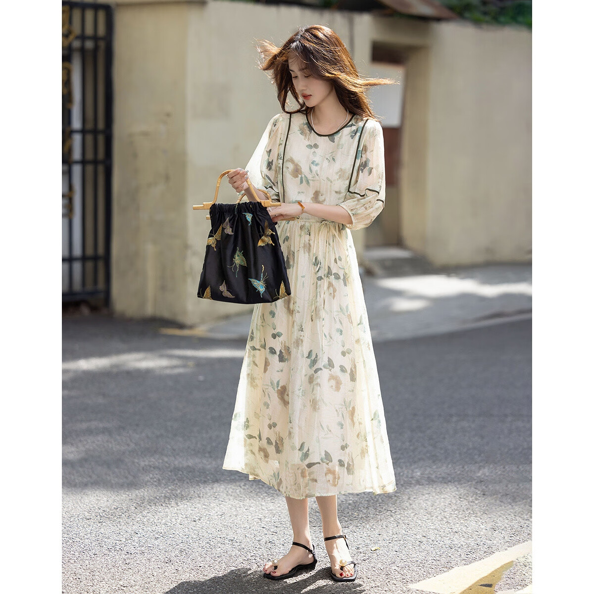 Demana [Breathable Tencel] Summer Romantic French V-Neck Striped Printed Petite Elegant Women's Dress