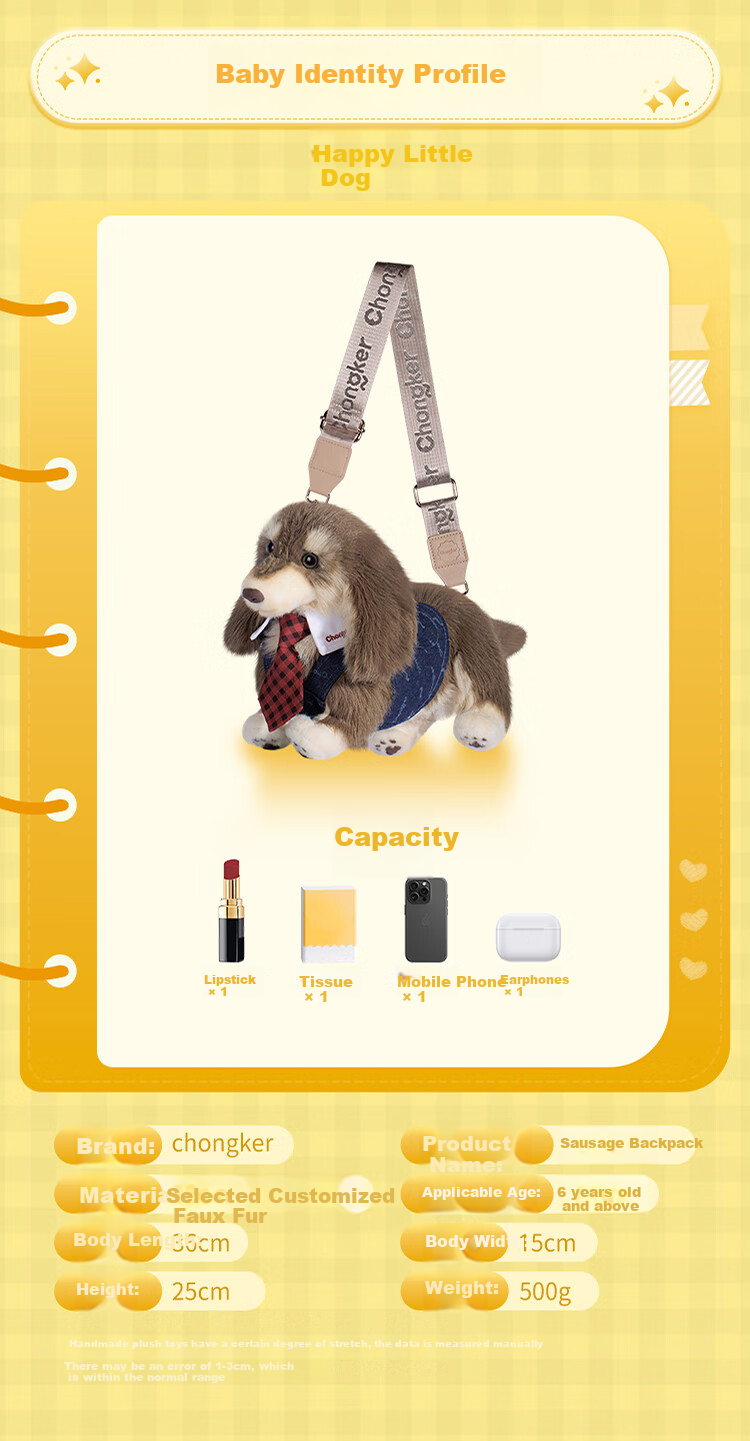 Chongke [Huang Zihongfan's Style] Pet Sausage Dog Handbag, Plush Stuffed Animal Shoulder Bag, Birthday Gift for Girls 13
