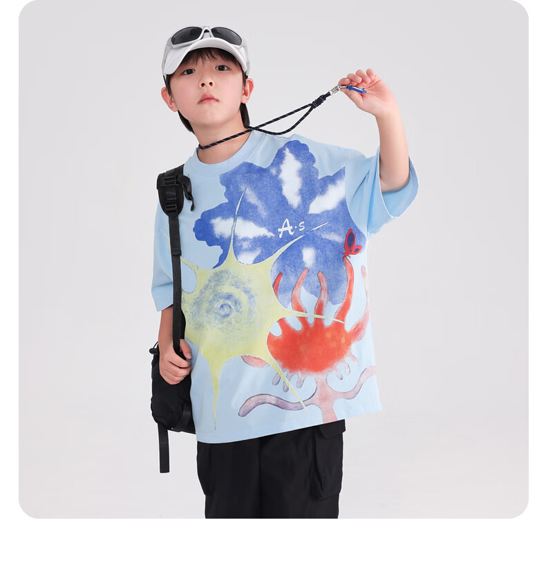BABY HH Boys Summer Dopamine Graffiti Short Sleeve T-Shirt 2025 New Trendy Top Blue Lightweight Size 120 5