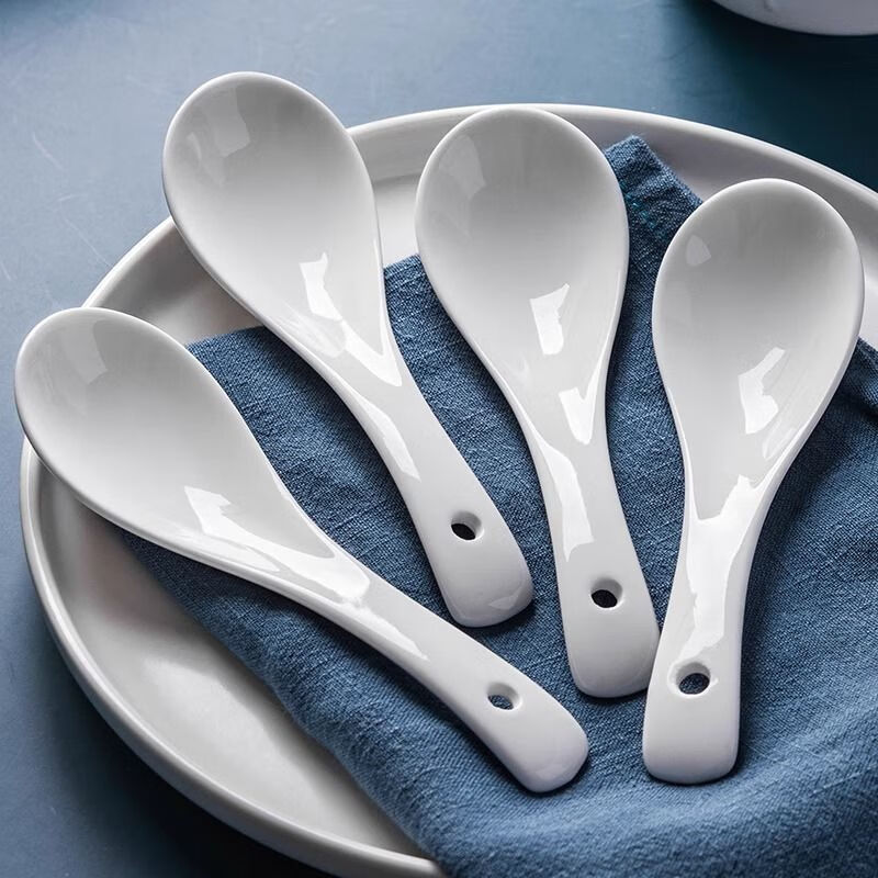 Shihua Ceramic Spoons, Set of 10, Household And Hotel Use, Pure White Small Soup Spoons, Eating Spoons, Tablespoons, Cutlery Set