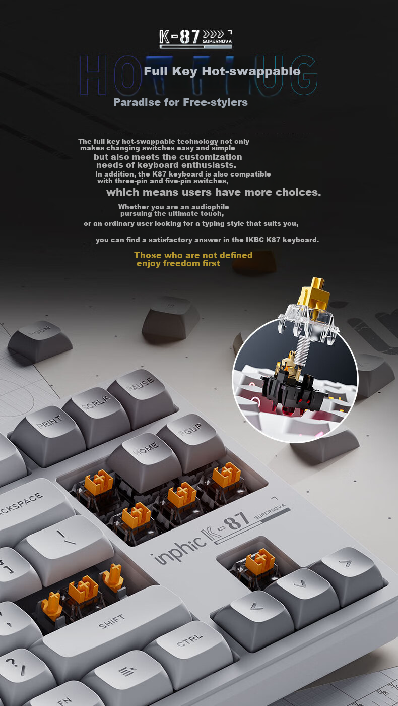 INPHIC K87PRO Wireless Mechanical Keyboard Wired 87-Key Bluetooth Tri-Mode Gasket Custom Full-Filled Side-Engraved HIFI Gaming Esports Office Silver 9