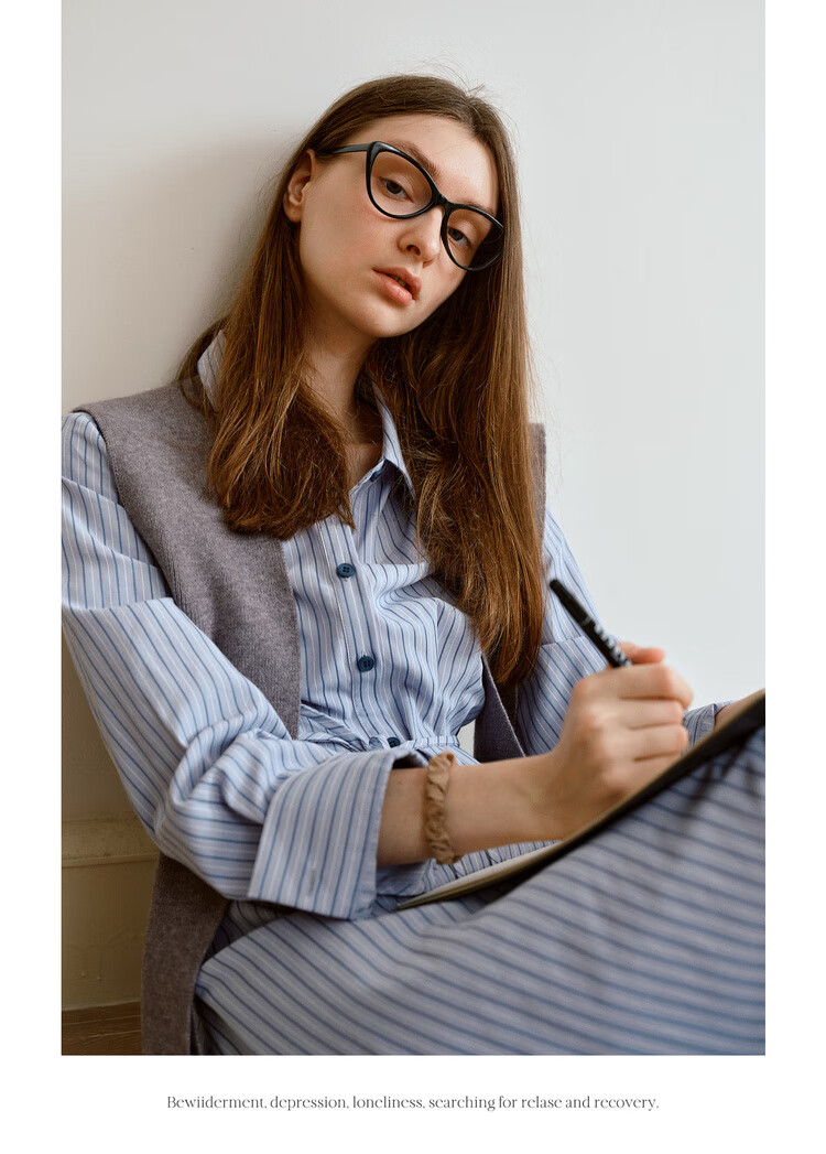 Oulain Autumn Women's Wear, Commuter Blue Striped Waist-Cinching Shirt Dress, Slimming Long Skirt, Blue Stripes, Size S 7