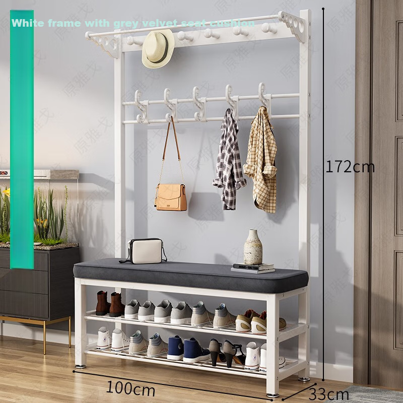 Milin Shoe Rack Floor-Standing Entryway Multi-Functional Shoe Changing Bench with Coat And Hat Stand, All-In Hanger, White Velvet Seat 100cm