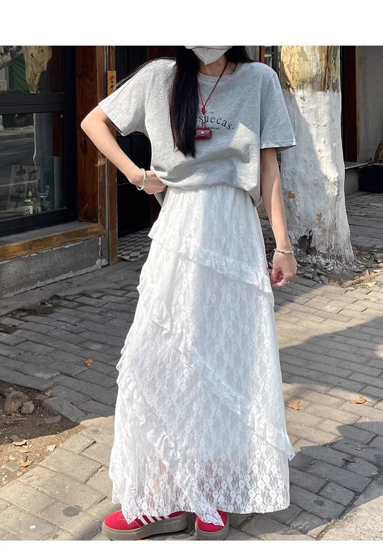 Langsha Lace High-Waist Mesh Puff Cake Skirt Women's Spring 2026 New Slimming A-Line Mid-Length Skirt 28