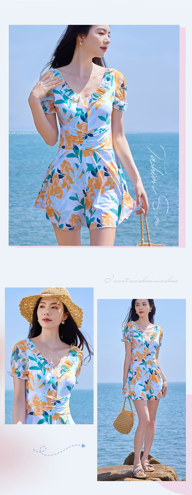 LangSha Women's One-Piece Skirted Swimsuit Slimming Anti-Exposure Summer Beach Swimwear Pure Style Set 10