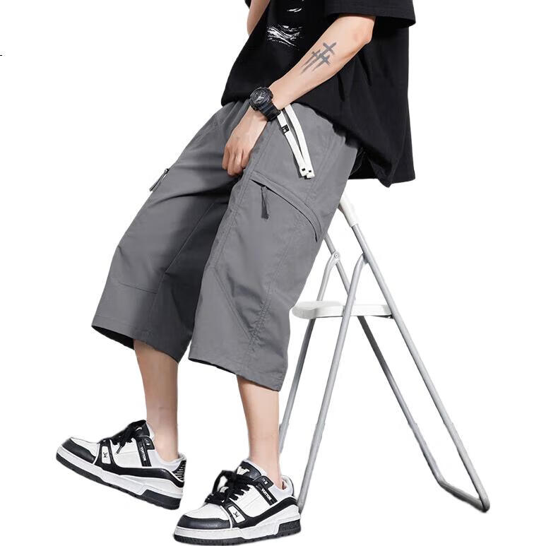 POUM American-Style Cargo Shorts for Men, Summer Style, Casual Wear, Ice Silk, Quick-Dry Sports Shorts, K66 Gray, XL