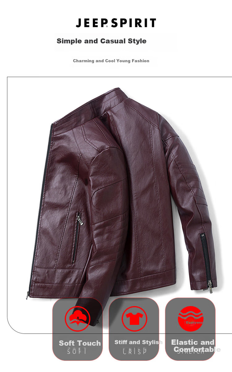 JEEP SPIRIT Men's Leather Jacket, Spring And Autumn Stand-Collar Business Motorcycle Outerwear, Wine Red, Size M 1