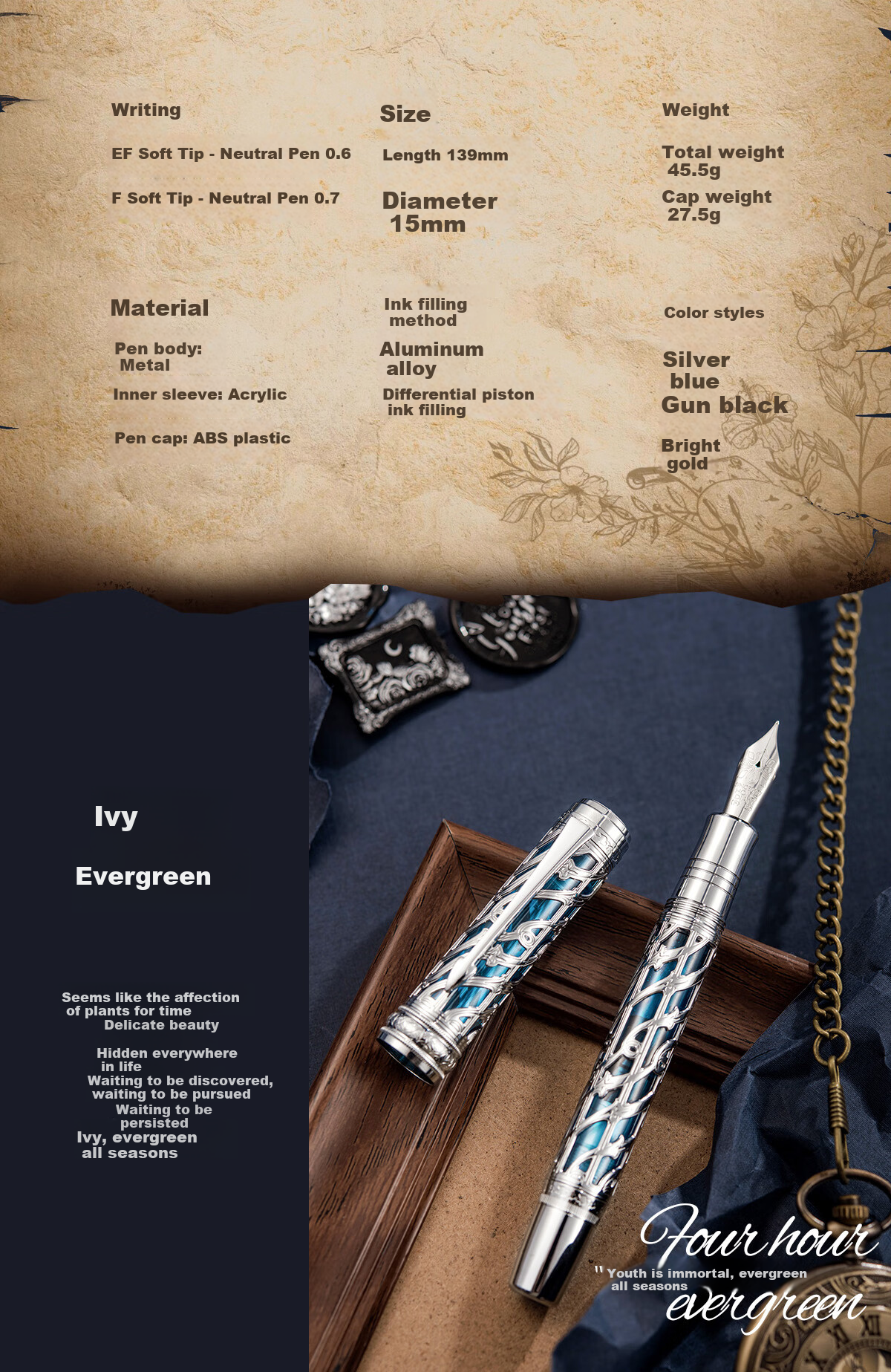 Hongdian High-End Fountain Pen for Men And Women, Business Office Ink Gift Box, Gunmetal Black A6 Piston Pen, Hard-Tip Calligraphy Pen, Hollow Design, Stylish Gift 23