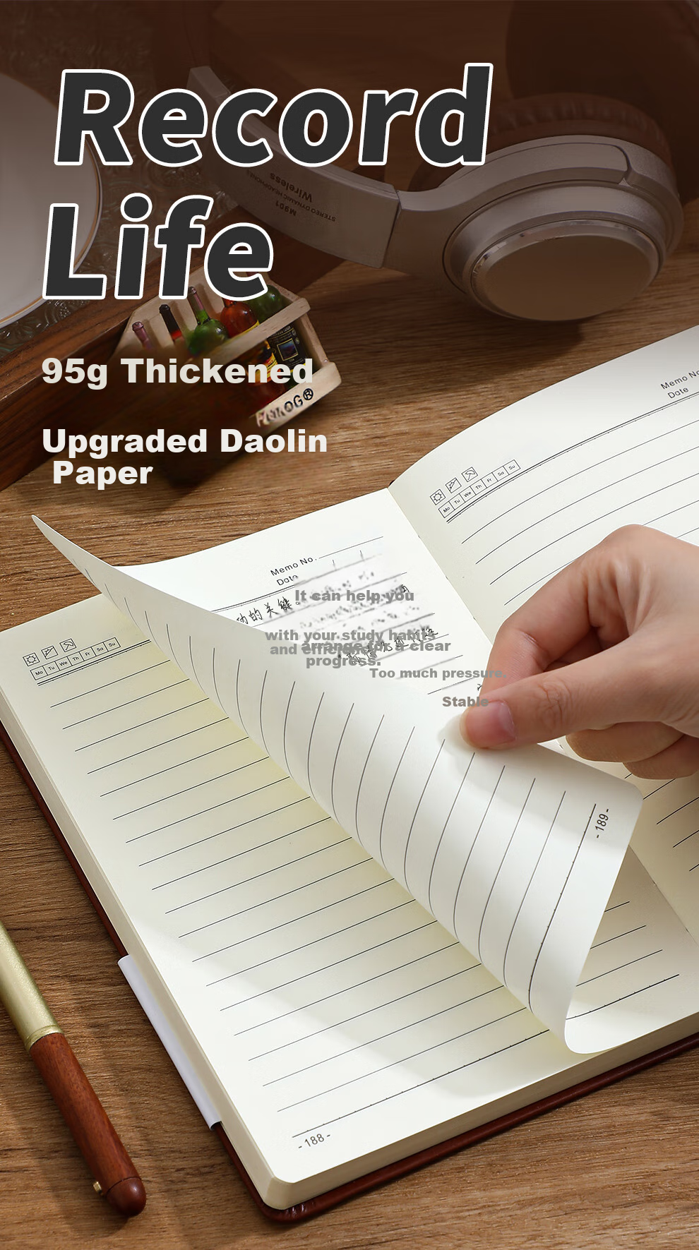 Zuodi A5 Notebook with Page Numbers, Binding Strap, High-Quality Thick Notebook, Large Line Spacing Notebook, Stationery, Diary, Customizable 3