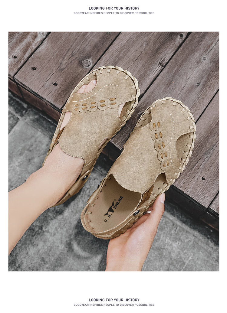 Bull Family Leather Sandals Summer Beach Shoes Men's Driving Outdoor Casual Trendy Soft Leather Soft Sole Handmade Hole Sandals 25