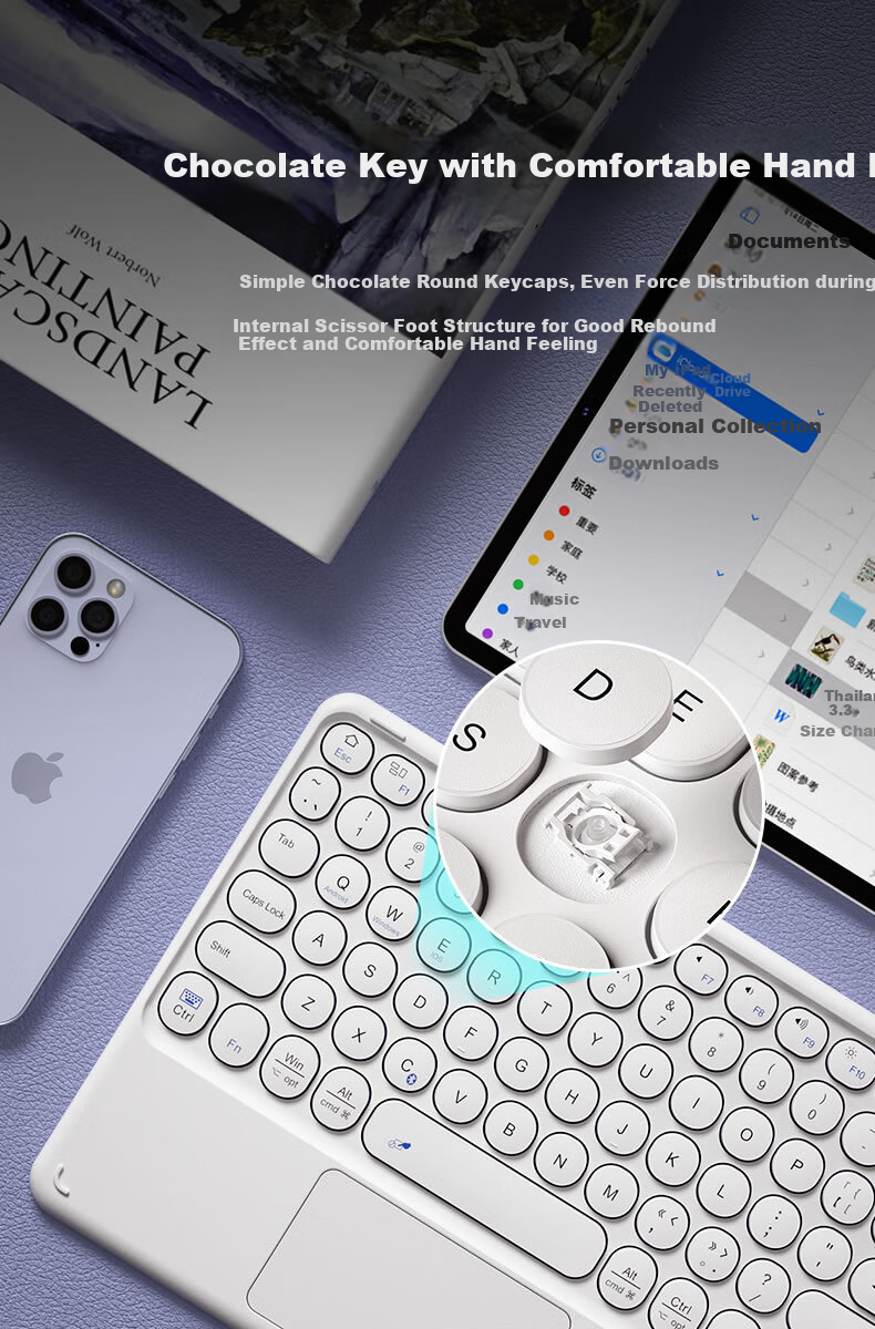 BOW Hangshi X51C Ultra-Thin Bluetooth Wireless Touch Keyboard Compatible with IPad, Xiaomi, Huawei, Apple Tablets, Smartphones, Laptops, Quiet Charging Keyboard, White 7