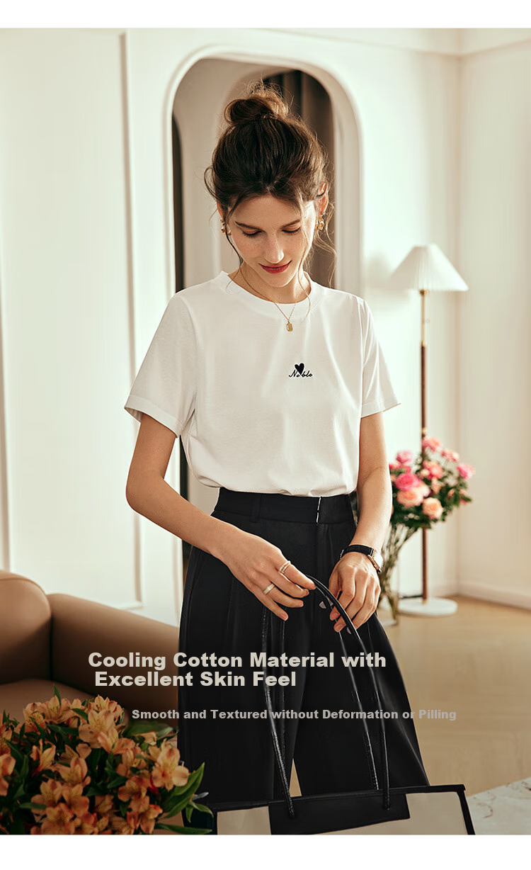 Olrain French White Short-Sleeve T-Shirt for Women, Summer New Simple Regular Shoulder Slimming Top, Off-White, S 15