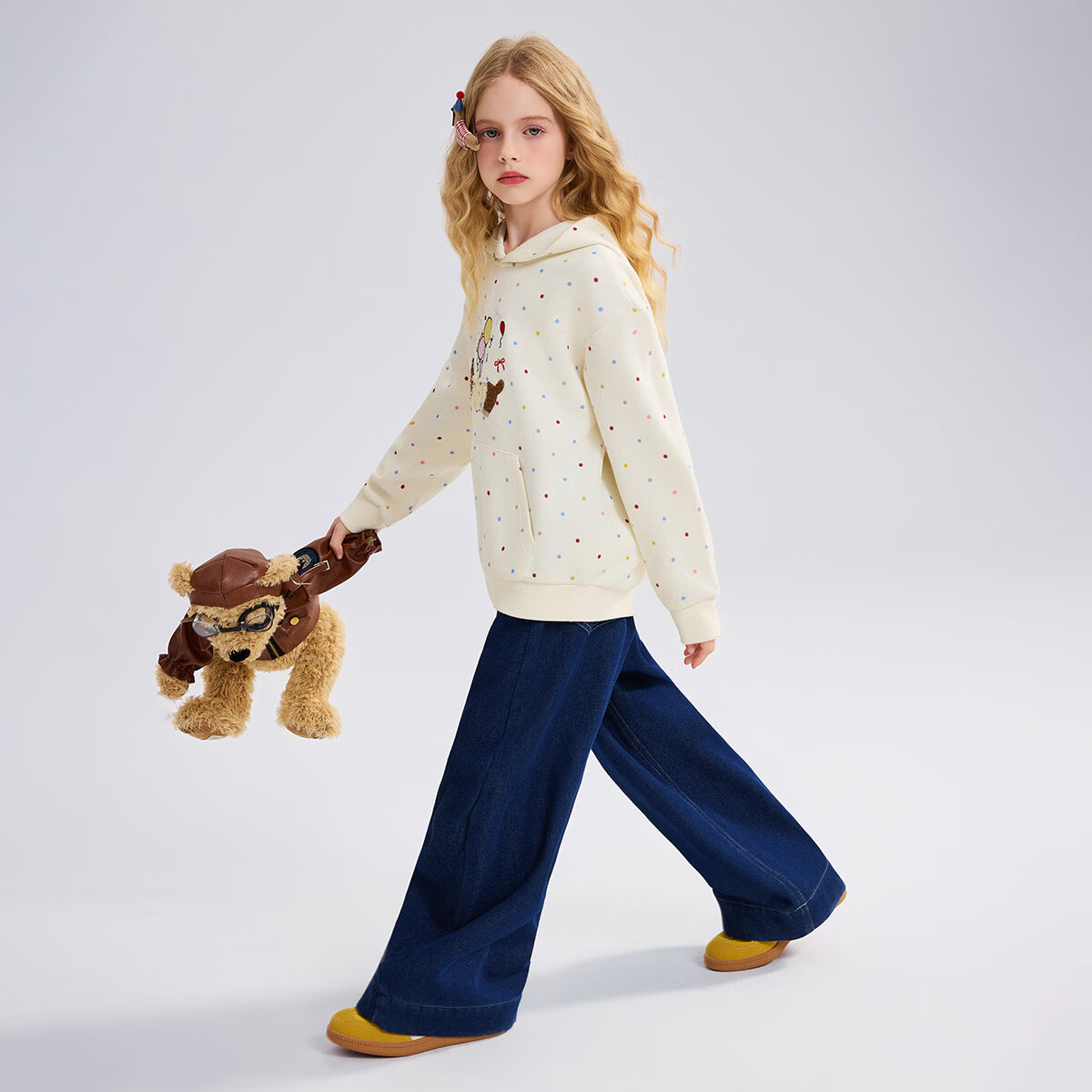 ASK JUNIOR Kids Hoodie 2026 Spring Long Sleeve Hooded Sweatshirt for Girls Cute Polka Dot Puppy Top