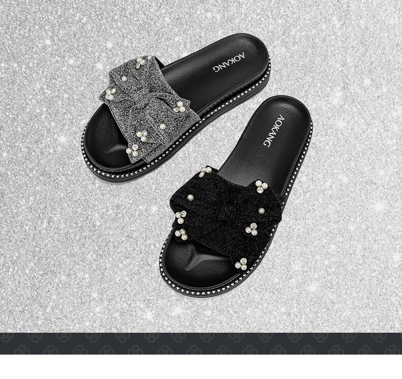 Aokang Women's Pearl Sandals, Outdoor Slippers, Trendy Fairy Style Thick-Soled Slippers, 1249201016, Black, Size 35 1