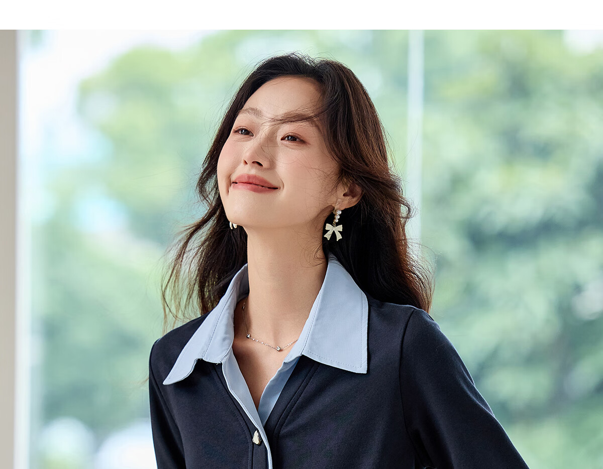 PinCai Women's Long Sleeve Shirt Color-Block Design Fake Two-Piece Layered Stylish Top P53S046 13