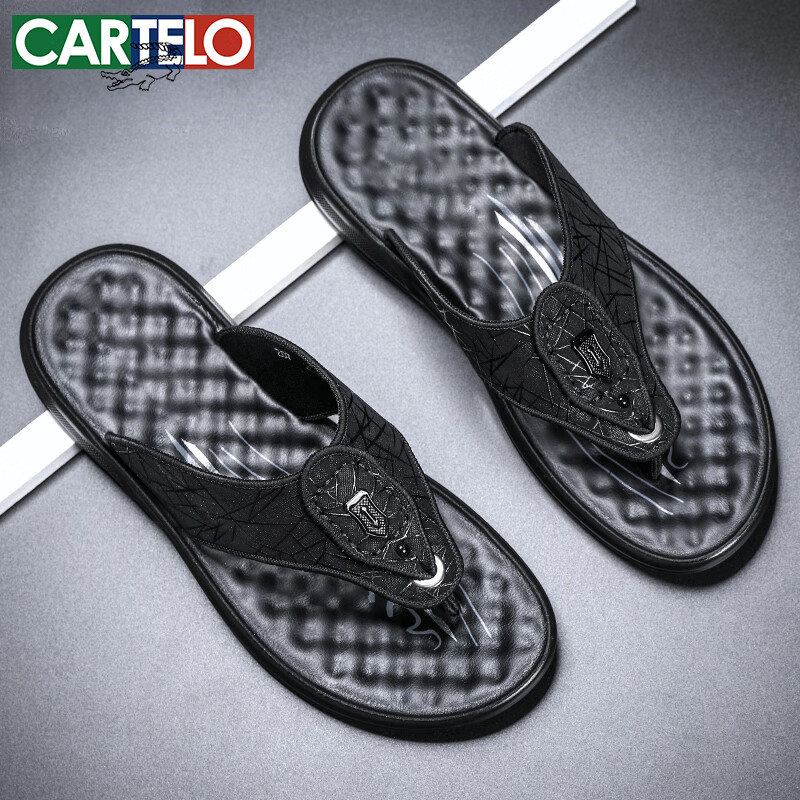 CARTELO Summer Breathable Slippers for Men, Durable Thong Sandals, Ice Silk Fabric Men's Sandals 9605 Black Size 42