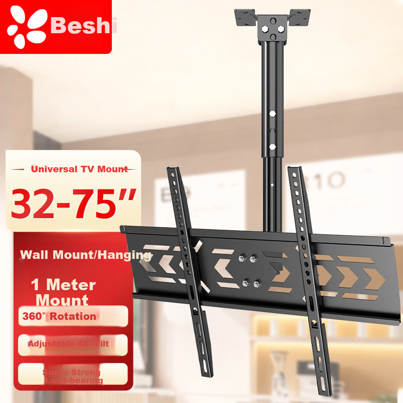 Beishi TV Mount Bracket, Universal for 32-75 Inch TVs, Wall-Mounted Rotating Bracket, 360-Degree Rotation, Ceiling Mounting Bracket, 1 Meter