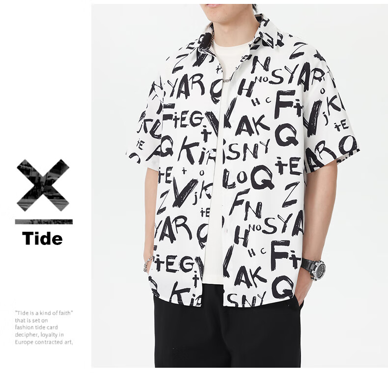 CLOR American Style Ice Silk Men's Spring and Autumn Printed Short Sleeve Shirt Loose Fit Five-Sleeve CLCX12 Cool Letter 2XL 2