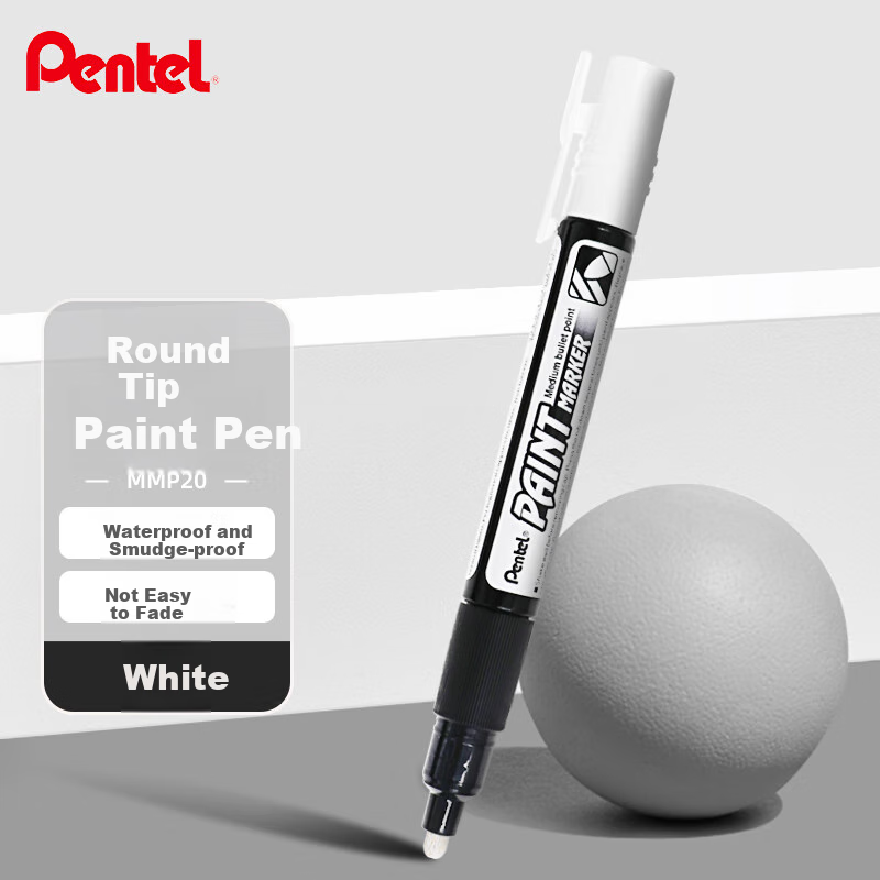Pentel Colorful Round-Tip Paint Marker, Waterproof Quick-Drying Chalky Tip Large Letter Advertising Pen MMP20 White Single Pack